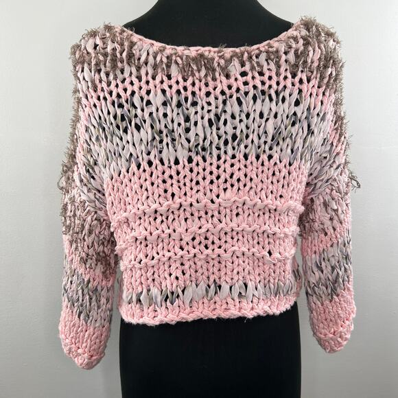Hand Knit Dollie Pink Brown Chunky Crochet Fuzzy Knit Pullover Crop Sweater XS - Picture 4 of 8